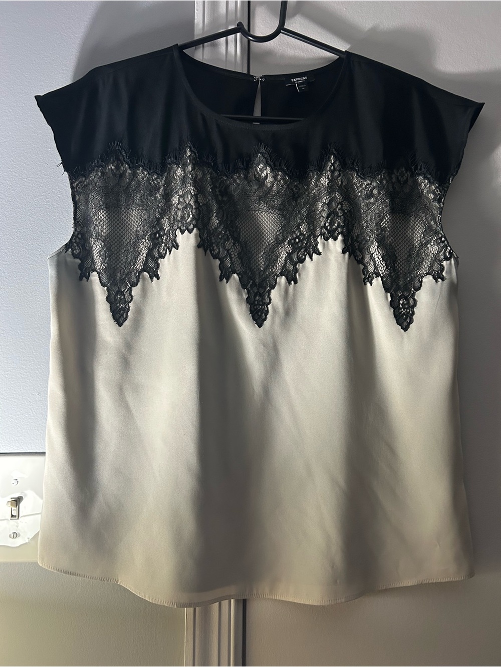 Express Black Lace Yoke Cap Sleeve Blouse with Cream Body